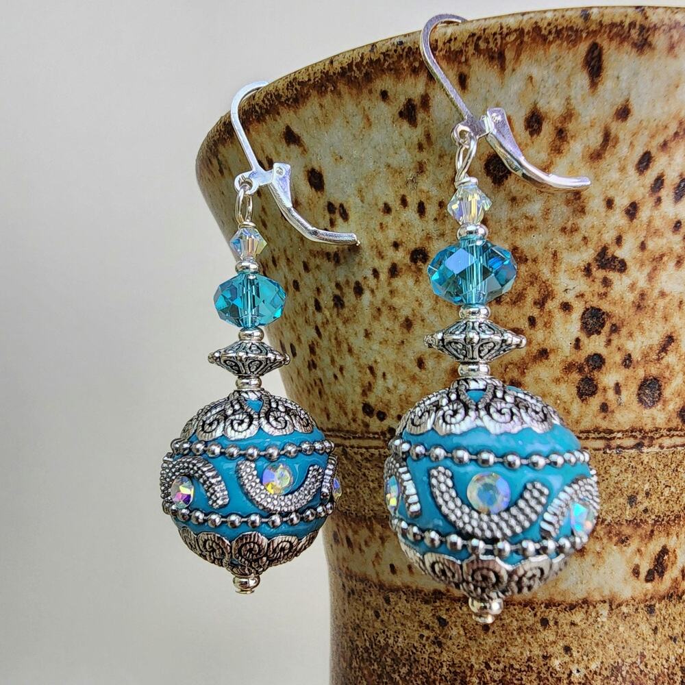 Stunning Turquoise & Silver Dangle‎ Earrings, AB Crystal Accents, Nickel Free